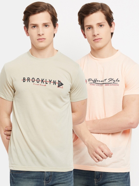 FirstKrush Men Beige & Peach-Coloured Typography 2 T-shirt
