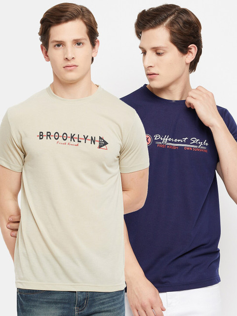 

FirstKrush Men Beige & Navy Blue Typography 2 T-shirt