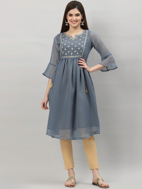 

ALC Creations Women Steel Ethnic Motifs Yoke Design Flared Sleeves Pastels Crepe Anarkali Kurta