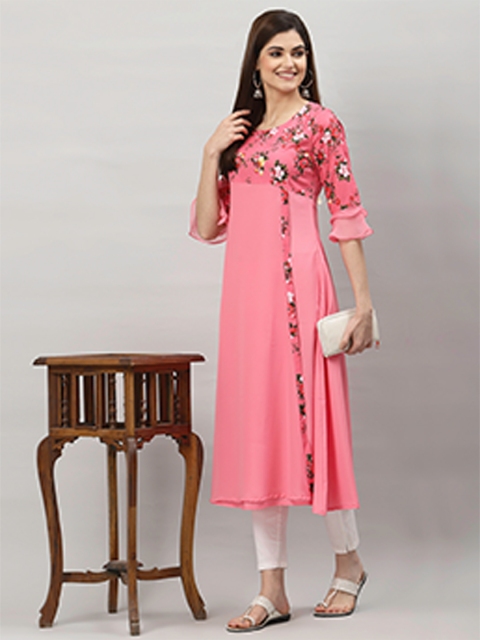 

ALC Creations Women Pink Floral Yoke Design Flared Sleeves Thread Work Floral Crepe Kurta