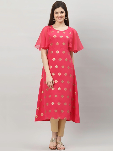 

ALC Creations Women Fuchsia & Golden Ethnic Motifs Printed Flared Sleeves Floral Crepe Kurta