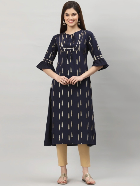 

ALC Creations Women Navy Blue Striped Keyhole Neck Flared Sleeves Floral Crepe Kurta