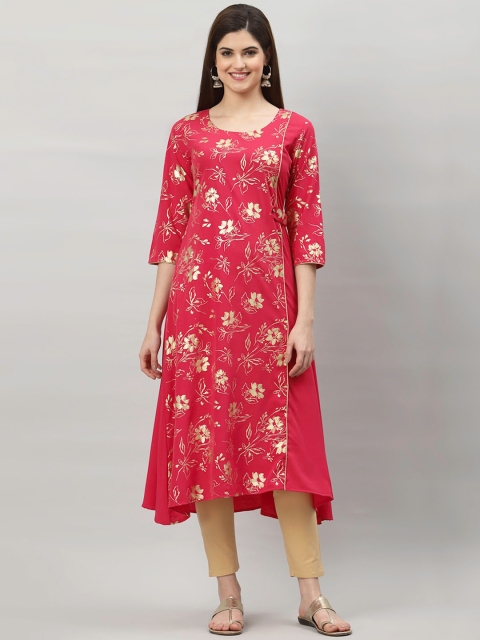 

ALC Creations Women Peach-Coloured Printed Round Neck Floral Crepe Kurta