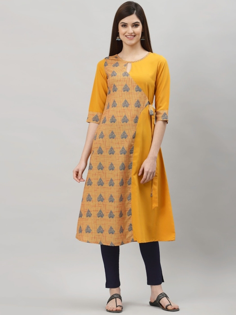 

ALC Creations Women Yellow Geometric Embroidered Thread Work Floral Crepe Kurta