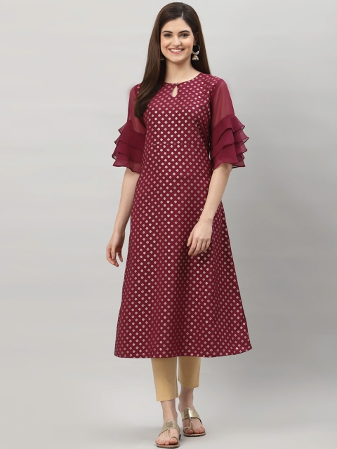 

ALC Creations Women Purple Geometric Keyhole Neck Flared Sleeves Floral Crepe Kurta