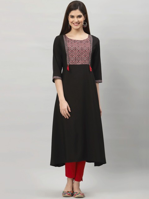 

ALC Creations Women Black Geometric Yoke Design Thread Work Floral Crepe Kurta