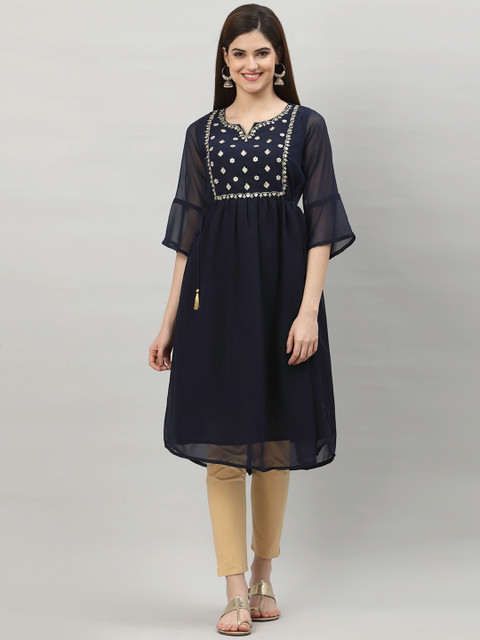 

ALC Creations Women Navy Blue Embroidered Flared Sleeves Thread Work Floral Crepe Kurta