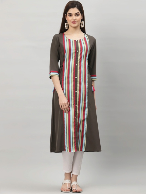

ALC Creations Women Grey Striped Mirror Work Pastels Crepe Kurta