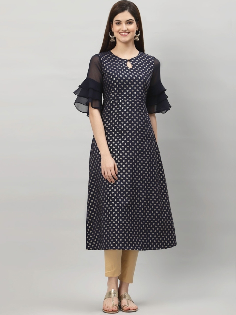 

ALC Creations Women Navy Blue Geometric Embroidered Keyhole Neck Flared Sleeves Thread Work Floral Crepe Kurta
