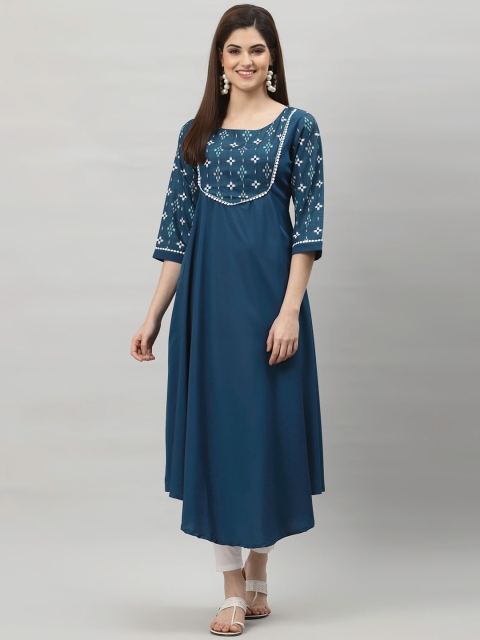 

ALC Creations Women Teal Geometric Printed Yoke Design Asymmetric Crepe Kurta
