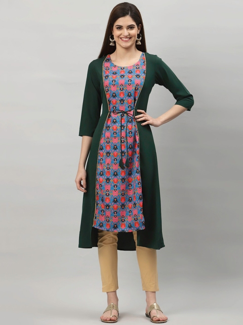 

ALC Creations Women Green & Blue Ethnic Motifs Printed Asymmetric Crepe Kurta