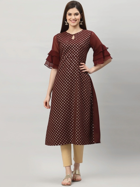 

ALC Creations Women Maroon Geometric Printed Keyhole Neck Layered Sleeves Crepe Kurta