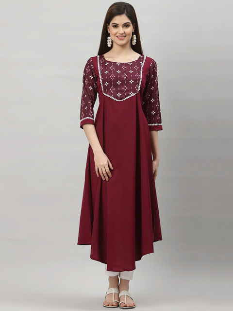 

ALC Creations Women Purple Embroidered Flared Sleeves Thread Work Asymmetric Crepe Kurta