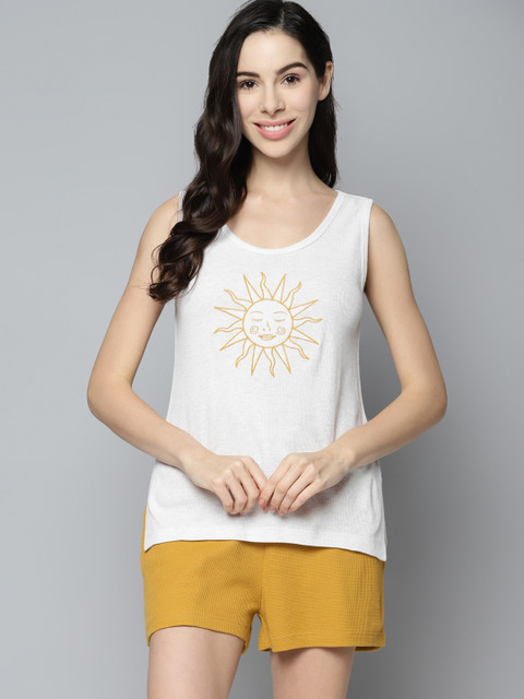 

VividArtsy Women White & Mustard Yellow Printed Cotton Night suit