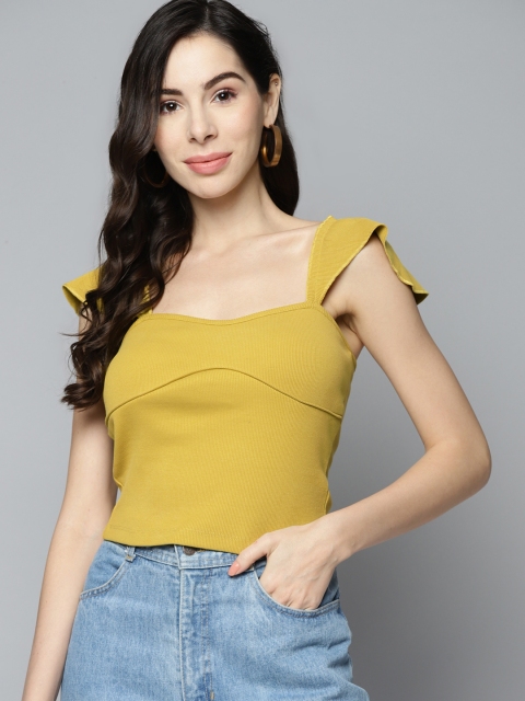 

VividArtsy Mustard Yellow Ribbed Sweetheart Neck Top