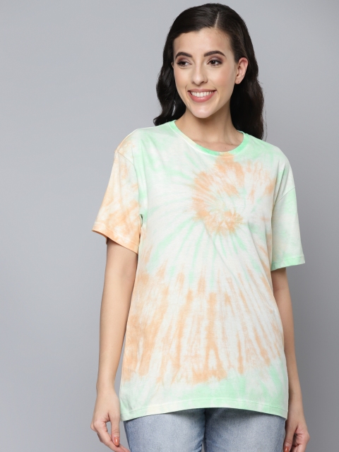 

VividArtsy Women White & Green Tie and Dye Loose T-shirt