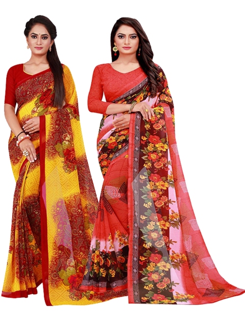 

KALINI Maroon & Yellow Set Of 2 Floral Pure Georgette Saree