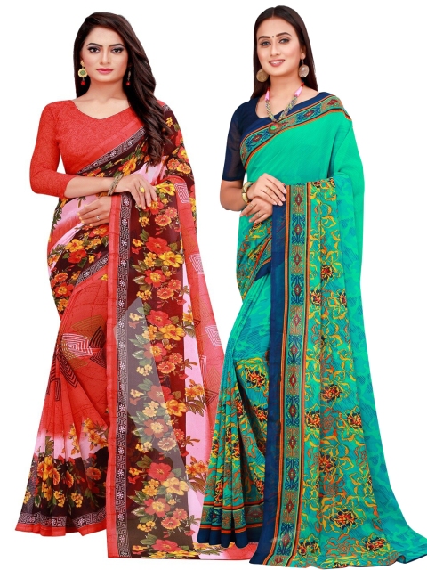 

KALINI Pack of 2 Printed Pure Georgette Sarees, Teal