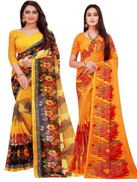 

KALINI Orange & Yellow Set Of 2 Floral Pure Georgette Saree