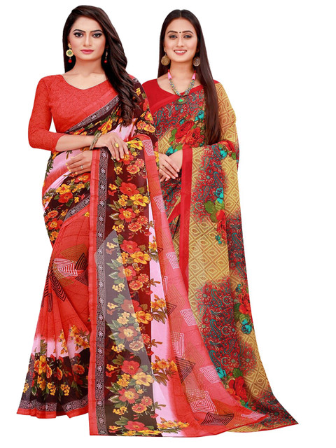 

KALINI Pack of 2 Red & Beige Pure Georgette Sarees