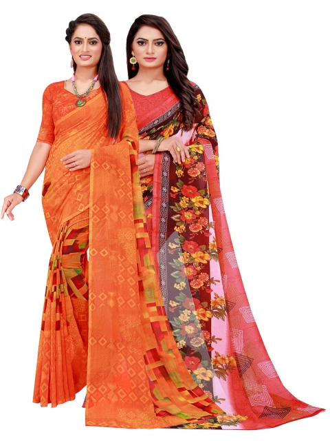 

KALINI Orange & Red Set of 2 Floral Printed Pure Georgette Saree