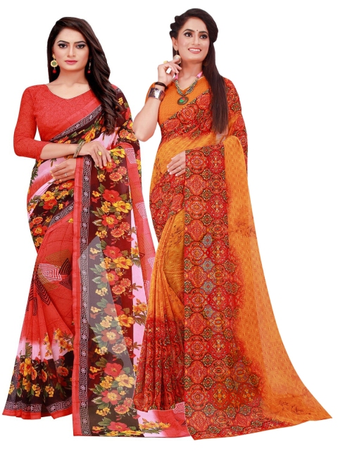 

KALINI Pack Of 2 Orange & Red Floral Georgette Saree