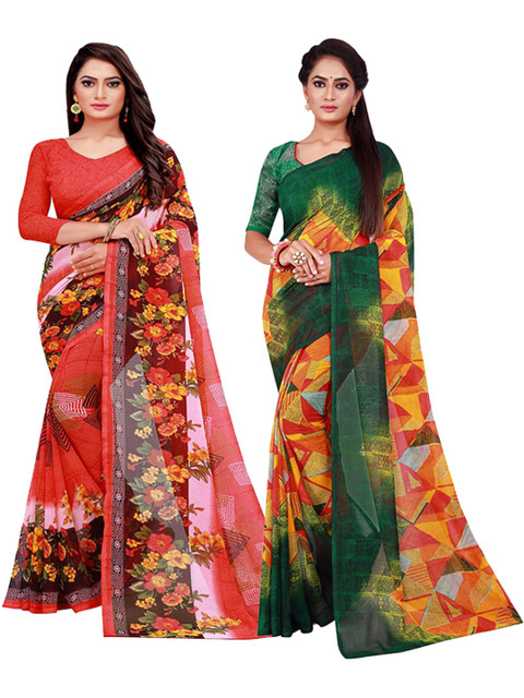 

KALINI Pack of 2 Red & Green Floral Pure Georgette Sarees