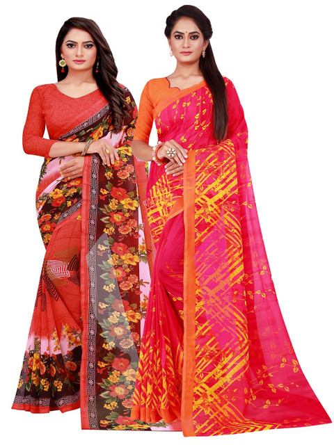

KALINI Pack Of 2 Red Floral Pure Georgette Saree