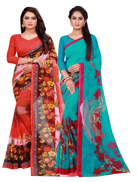 

KALINI Pack of 2 Floral Pure Georgette Sarees, Red