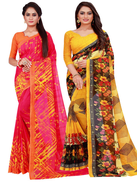 

KALINI Pack of 2 Yellow & Magenta Floral Pure Georgette Sarees