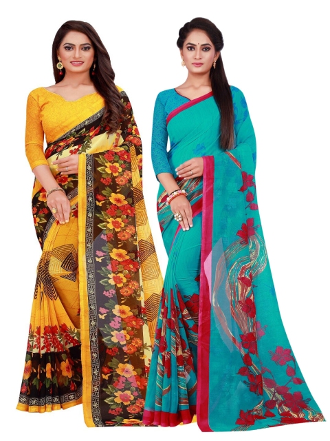 

KALINI Pack of 2 Yellow & Turquoise Blue Floral Pure Georgette Sarees