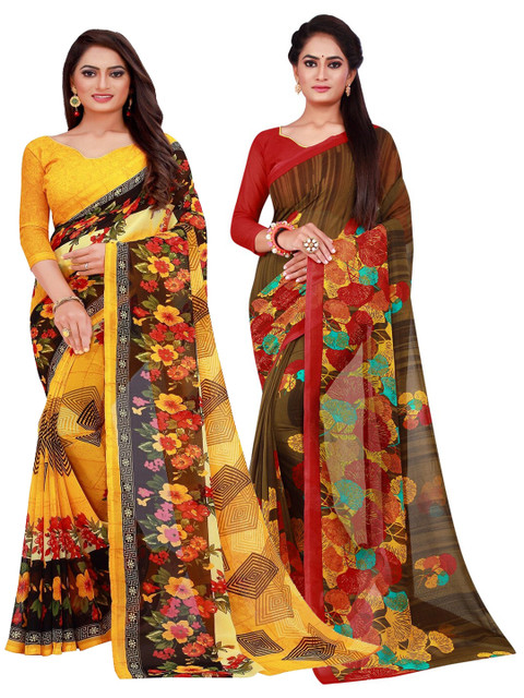 

KALINI Pack Of 2 Yellow & Red Floral Pure Georgette Saree