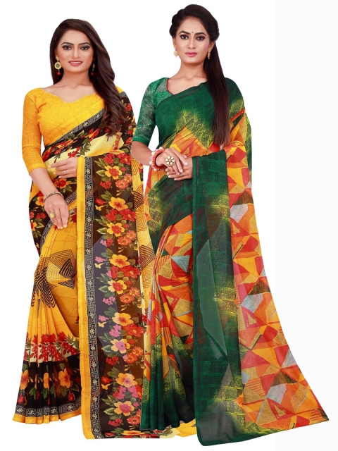 

KALINI Pack of 2 Yellow & Green Floral Printed Pure Georgette Saree