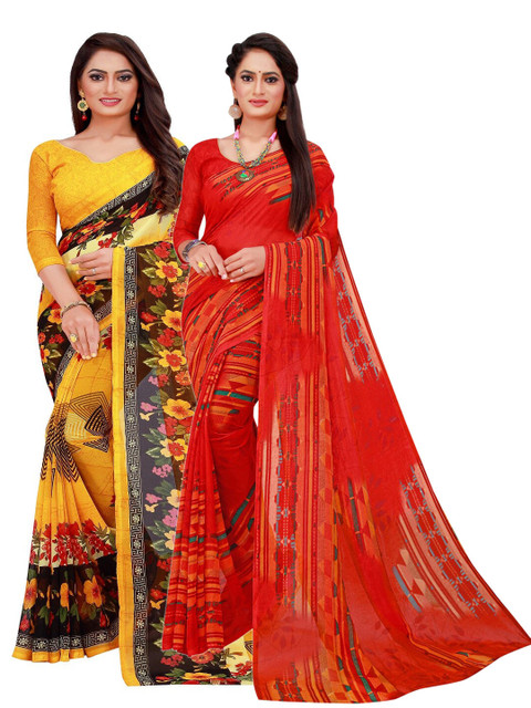

KALINI Yellow & Red Set of 2 Floral Printed Georgette Saree