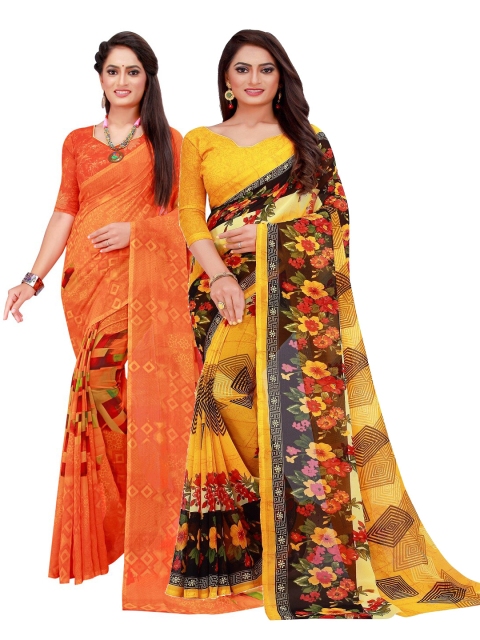 

KALINI Pack of 2 Orange & Green Pure Georgette Sarees