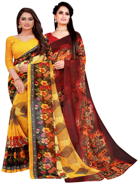 

KALINI Yellow & Brown Set of 2 Floral Printed Georgette Saree
