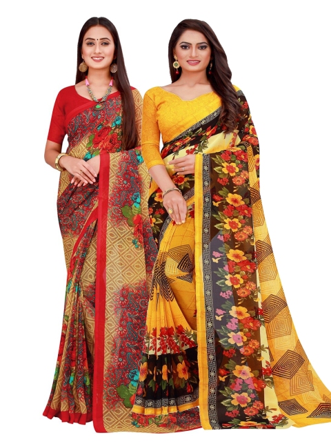 

KALINI Yellow & Red Set Of 2 Floral Pure Georgette Saree