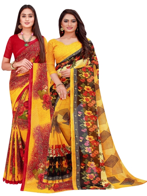 

KALINI Yellow & Red Set of 2 Floral Printed Georgette Saree