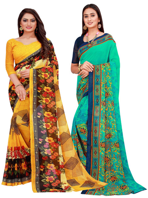 

KALINI Pack of 2 Printed Pure Georgette Sarees, Teal