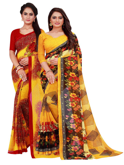 

KALINI Pack of 2 Maroon & Yellow Floral Printed Pure Georgette Sarees