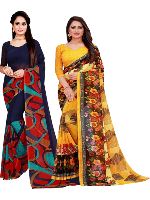 

KALINI Navy Blue & Yellow Set Of 2 Floral Pure Georgette Saree