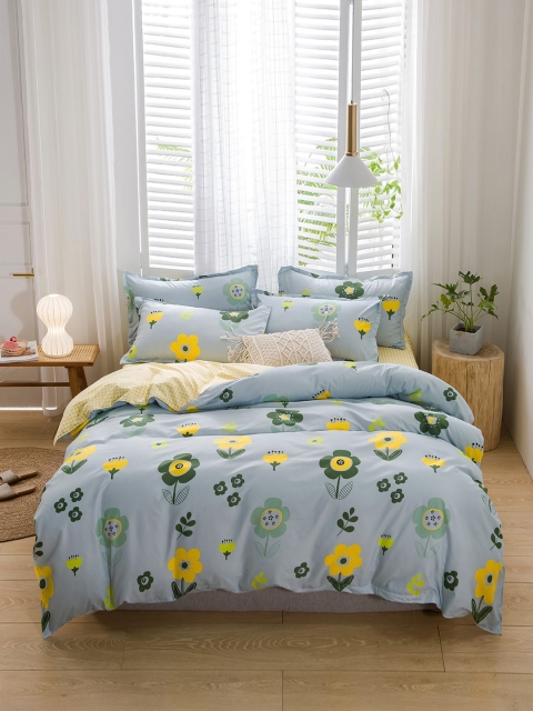 

JC Collection Blue & Yellow Floral Printed Double King Bedding Set