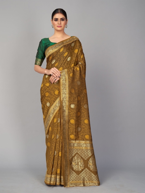 

MONJOLIKA FASHION Mustard & Gold-Toned Floral Silk Blend Banarasi Saree