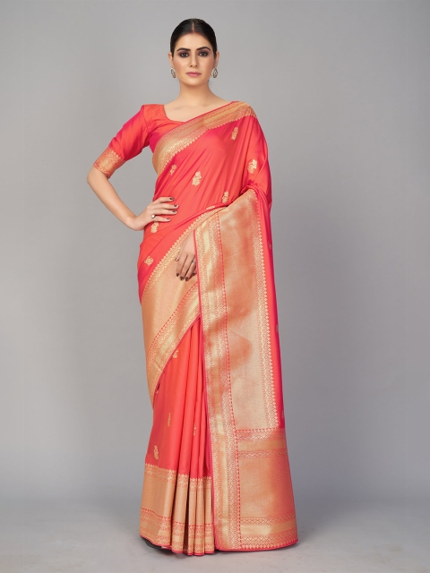 

MONJOLIKA FASHION Peach-Coloured & Gold-Toned Floral Zari Silk Blend Banarasi Saree