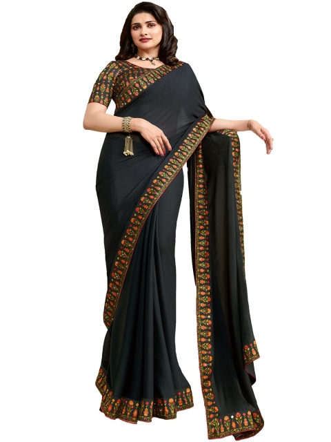 

VILAM Black & Red Floral Printed Pure Georgette Block Print Saree