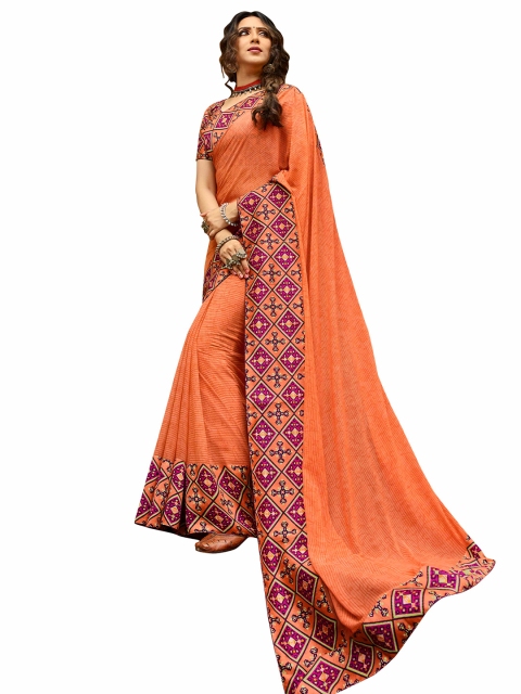 

VILAM Orange & Pink Striped Pure Georgette Block Print Saree