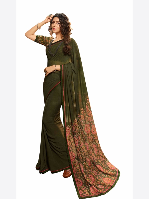 

VILAM Olive Green & Pink Floral Printed Georgette Block Print Saree