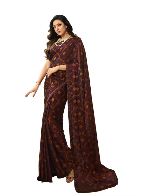 

VILAM Mustard & Coffee Brown Pure Georgette Block Print Saree