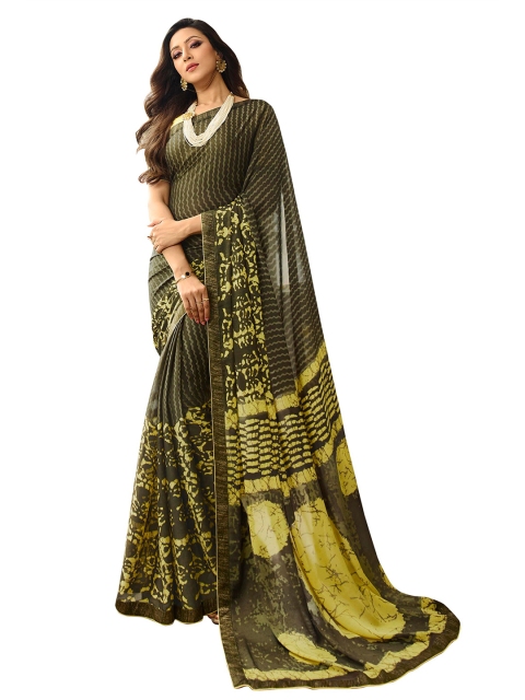 

VILAM Green & Yellow Ethnic Motifs Pure Georgette Block Print Saree