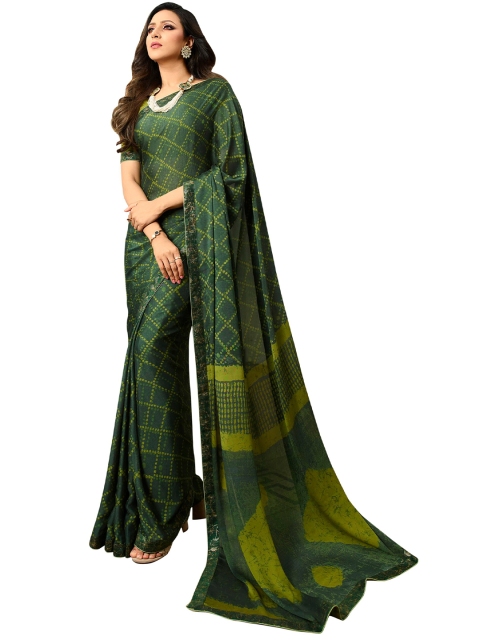 

VILAM Green & Yellow Checked Pure Georgette Block Print Saree
